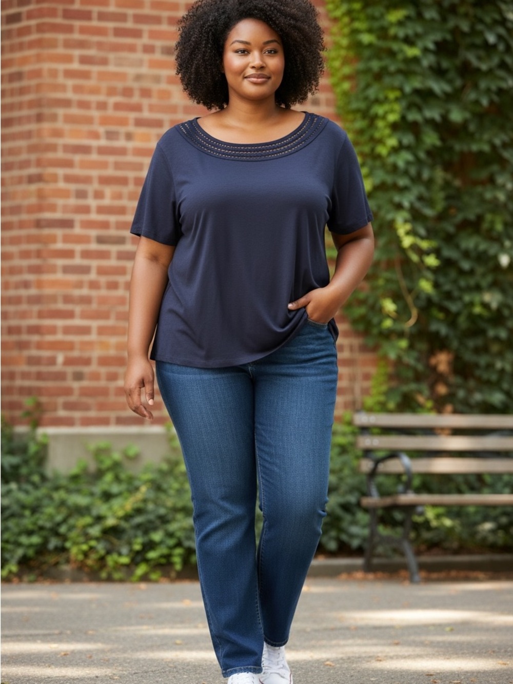 Talbots 3x Navy cotton Short Sleeve Knit Top with Decorative Neckline